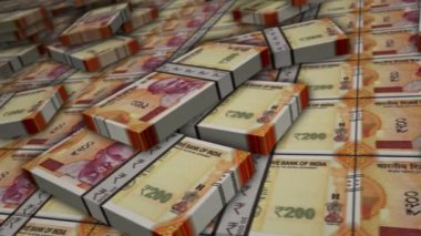 Hint banknotları demet döngüsü. 200 INR para yığını. Kriz, ticaret, durgunluk, ekonomi, banka, borç ve finans kavramı. Para paketlerinin üzerinde kamera var. Döngüsüz 3D canlandırma.