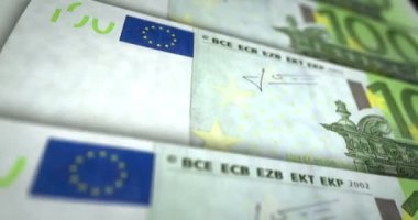 Euro banknot döngüsü. 100 Avro para dokusu. AB 'de iş, kriz, bankacılık, durgunluk, ekonomi, borç ve finans kavramı. Avrupa banknotunun üzerinden geçiyorum. Döngüsüz 3D canlandırma.