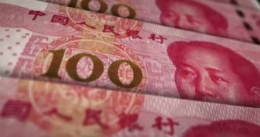 Çin Yuanı Renminbi banknot döngüsü. Mao 100 RMB para dokusu. Çin 'de ticaret, kriz, durgunluk, ekonomi, yolsuzluk ve finans kavramı. PRC notuna geçiyoruz. Döngüsüz 3D canlandırma.