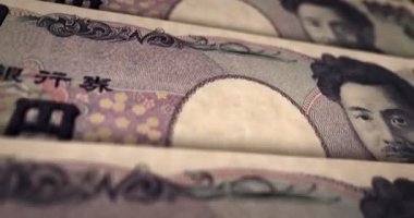 Japon Yen banknot döngüsü. 1000 JPY para dokusu. Japonya 'da ekonomik durgunluk, ticaret, kriz, bankacılık, ekonomi, borç ve finans kavramı. Notayı kaydırıyorum. Döngüsüz 3D canlandırma.