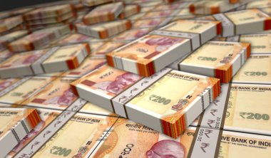 Hint Rupisi para paketi 3D çizimler. 200 INR banknot destesi. Hindistan 'da finans, nakit, ekonomi krizi, iş başarısı, durgunluk, banka, vergi ve borç kavramı.