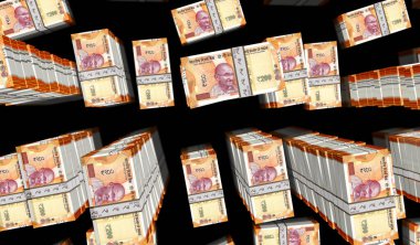 Hint Rupisi para paketi 3D çizimler. 200 INR banknot destesi. Hindistan 'da finans, nakit, ekonomi krizi, iş başarısı, durgunluk, banka, vergi ve borç kavramı.