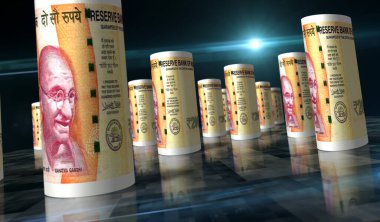 Hint Rupisi 3D çizim yapıyor. Masada para var. INR 'nin bankaları arasındaki kamera kaydı. Hindistan 'da soyut ekonomi, finans, nakit, iş, durgunluk ve borç kavramı.