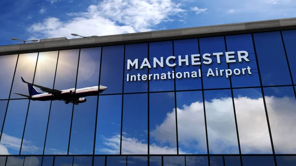 Aviones Reacción Aterrizando Manchester Inglaterra Ilustración Representación Llegada Ciudad Terminal — Foto de Stock