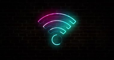 Kablosuz ağ sembolü, kablosuz internet bölgesi neon levhası tuğla duvar, bedava bağlantı teknolojisi ve 5G ağ konsepti. Soyut 3d görüntüleme döngüsü ve kusursuz canlandırma.