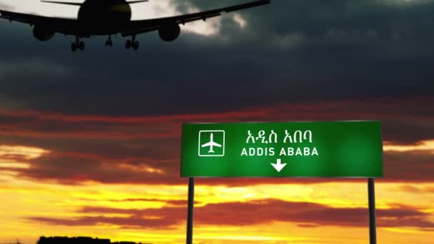 Silueta Avión Aterrizando Addis Abeba Etiopía Llegada Ciudad Con Letrero — Vídeos de Stock