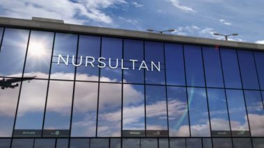 Nur-Sultan, Astana, Kazakistan 'a iniş yapan jet uçakları animasyon yapıyor. Cam havaalanı terminali ve uçağın yansıması ile şehre varış. Seyahat, turizm ve ulaşım kavramı.