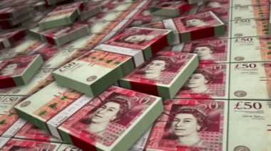 Sterling banknot döngüsü. 50 GBP para yığını. Kriz, bankacılık, iş, durgunluk, Brexit, ekonomi ve finans kavramı. Para paketlerinin üzerinde kamera var. Döngüsüz 3D canlandırma.
