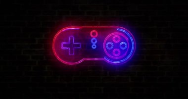 Oyun bloklama sembolü, esport, video denetleyici, 5g oyunu ve tuğla duvar ilmeği üzerinde siber spor neon işareti. Soyut 3d görüntüleme döngüsü ve kusursuz canlandırma.