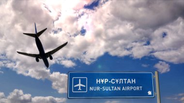 Uçak silueti Nur-Sultan, Astana, Kazakistan 'a iniyor. Arka planda uluslararası havaalanı yön levhası ve gökyüzü olan şehir gelişi. Seyahat, seyahat ve ulaşım konsepti 3D illüstrasyon.