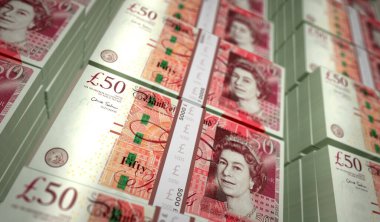 Sterling para paketi 3D illüstrasyon. 50 GBP banknot destesi. Maliye, nakit, ekonomi krizi, iş başarısı, durgunluk, banka, vergi ve borç kavramı.