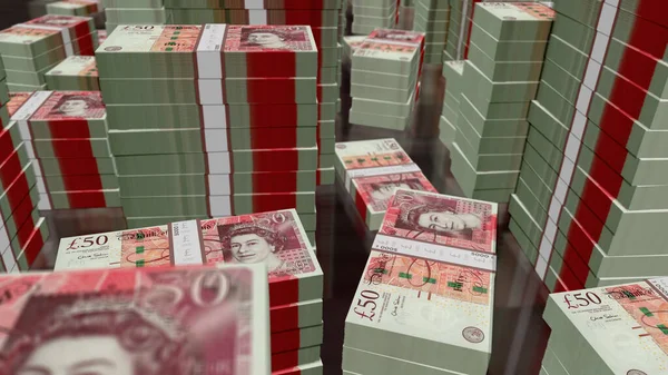 斯特林钱袋3D插图 50英镑的钞票捆 经济危机 商业成功 税收和债务概念 — 图库照片