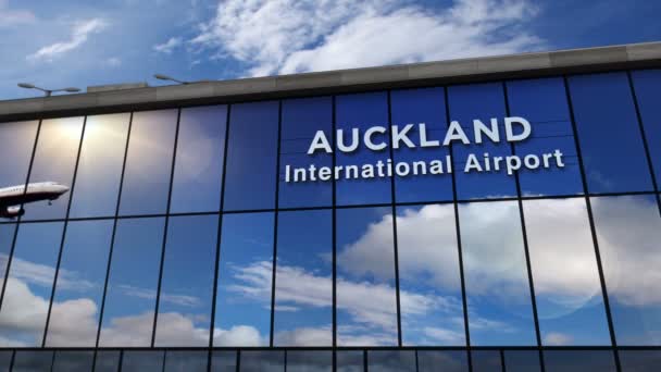 Jet Vliegtuigen Landen Auckland Nieuw Zeeland Weergave Illustratie Aankomst Stad — Stockvideo
