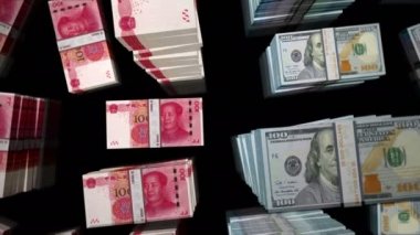 ABD Doları, Çin Yuan Renminbi 'ye karşı. ABD ve Çin kavramı ekonomik çatışma, ticaret savaşı, küresel pazar krizi ve mali rekabete güç veriyor. Döngüsüz 3D canlandırma.