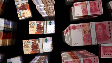 Hong Kong Doları ve Çin Yuan Renminbi para paketleri. Ekonomi, ticaret, piyasa değişimi, kriz ve finans kavramı. HKD ve RMB 3d illüstrasyon.