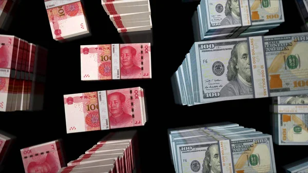 米ドル対中国人民元紙幣パックループ 米国と中国の概念は 経済紛争 貿易戦争 世界市場危機と金融競争を強化する3Dイラスト — ストック写真