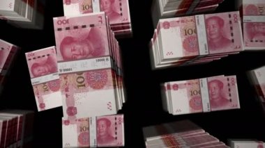 Renminbi Çin Yuan para döngüsü. Üç boyutlu, kusursuz bir animasyon. Çin 'de kriz, iş, durgunluk, ekonomi ve finans gibi soyut arka plan kavramları. RMB banknotları üzerinde uçuş.