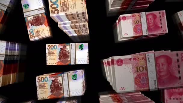 Δολάριο Χονγκ Κονγκ Και Κινεζικό Yuan Renminbi Χρήματα Σημειώσεις Πακέτο — Αρχείο Βίντεο