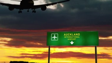 Uçak silueti Auckland, Yeni Zelanda 'ya iniyor. Havaalanı yön tabelasıyla ve arka planda gün batımıyla şehre vardık. Trip ve ulaşım konsepti 3D animasyon.