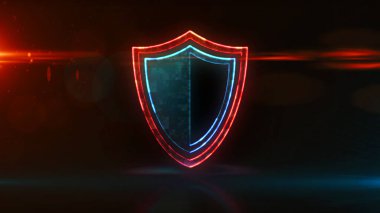 Kalkan sembollü siber güvenlik konsepti, gizlilik koruması ve bilgisayar güvenliği ikonu. Fütürist soyut 3D resimleme.