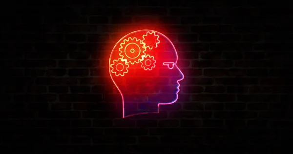 レンガの壁 サイバー脳 汎用人工知能と機械学習の概念記号上の人工知能ネオンサイン 概要3Dレンダリング図 — ストック写真
