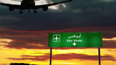 Abu Dabi 'ye inen uçak silueti, Birleşik Arap Emirlikleri, BAE. Havaalanı yön tabelasıyla ve arka planda gün batımıyla şehre vardık. Trip ve ulaşım konsepti 3D animasyon.
