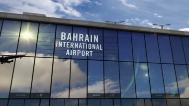 Bahreyn 3D 'ye inen jet uçakları animasyon yapıyor. Cam havaalanı terminali ve uçağın yansıması ile şehre varış. Seyahat, iş, turizm ve ulaşım kavramı.
