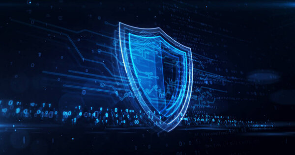 Cyber security concept with shield symbol, privacy protection and computer safety icon. Futuristic abstract 3d rendering illustration.
