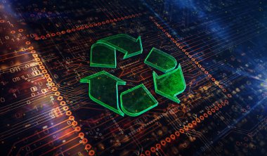Recycling symbol, environment, ecology, reduce e-waste, green technology and industry icon. Abstract 3d symbol concept rendering illustration. clipart