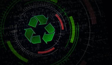 Geri dönüşüm sembolü, çevre, ekoloji, e-atıkları azaltma, yeşil teknoloji ve sanayi ikonu. Soyut sembol konsepti 3D resimleme.