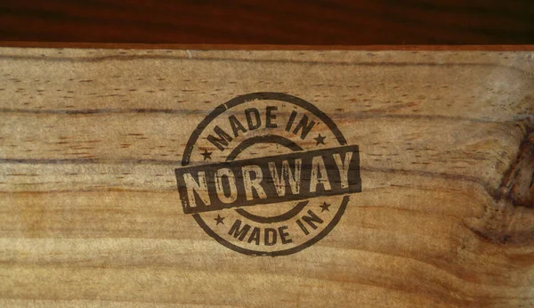 Made Norway Stamp Printed Wooden Box Factory Manufacturing Production Country — Stock Photo, Image