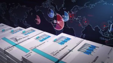 Covid-19 aşı üretim istatistikleri. Covid Sars-Cov-2 aşı istatistikleri, grafik ve grafik. Coronavirus küresel salgın gelişim konsepti geçmişi. Soyut 3d biçimlendirilebilir döngüsüz canlandırma.