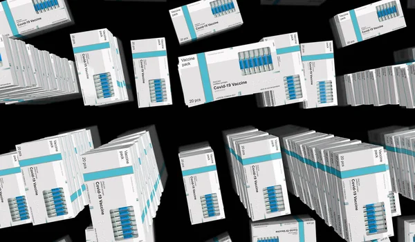 Covid 19疫苗包生产线 Coronavirus Sars Cov 2疫苗准备 包装和运输 一个装注射器和剂量的盒子 抽象概念3D渲染说明 — 图库照片