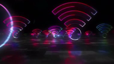 Kablosuz bağlantı sembolü, kablosuz internet bölgesi, ücretsiz bağlantı teknolojisi ve 5G ağ ikon döngüsü kavramı. Hiper uzayda işaret arasında uçmak. Soyut 3d biçimlendirilebilir döngüsüz canlandırma.