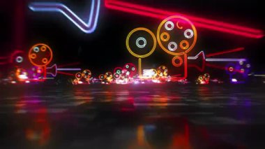 Sinema projektörü sembolü, retro video, film kamerası neon ve ışık ikonu döngüsü konsepti yayınlayan dijital film. İşaretler arasında uçuş. Gelecekçi uzay soyut 3d biçimlendirilebilir döngüsüz dikişsiz canlandırma.