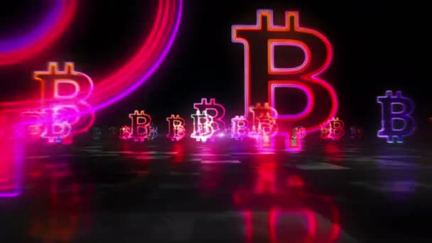 Bitcoin Symbol Kryptowährungsgeschäft Digitales Neon Cyber Money Mining Light Icon — Stockvideo