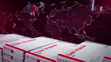 Kapsamlı aşı istatistikleri. Covid-19 virüs salgını istatistiksel diyagramı, grafik ve grafik arkaplanı. Sars-Cov-2 aşı üretimi ve teslimatı. Soyut kavram 3D canlandırma canlandırması.