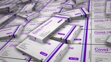 Covid-19 aşısı paketler halinde. Coronavirus sars-cov-2 aşı hazırlama, üretim, paketleme ve lojistik. Şırıngalar kutuda. Soyut kavram 3d biçimlendirilebilir döngüsüz canlandırma.