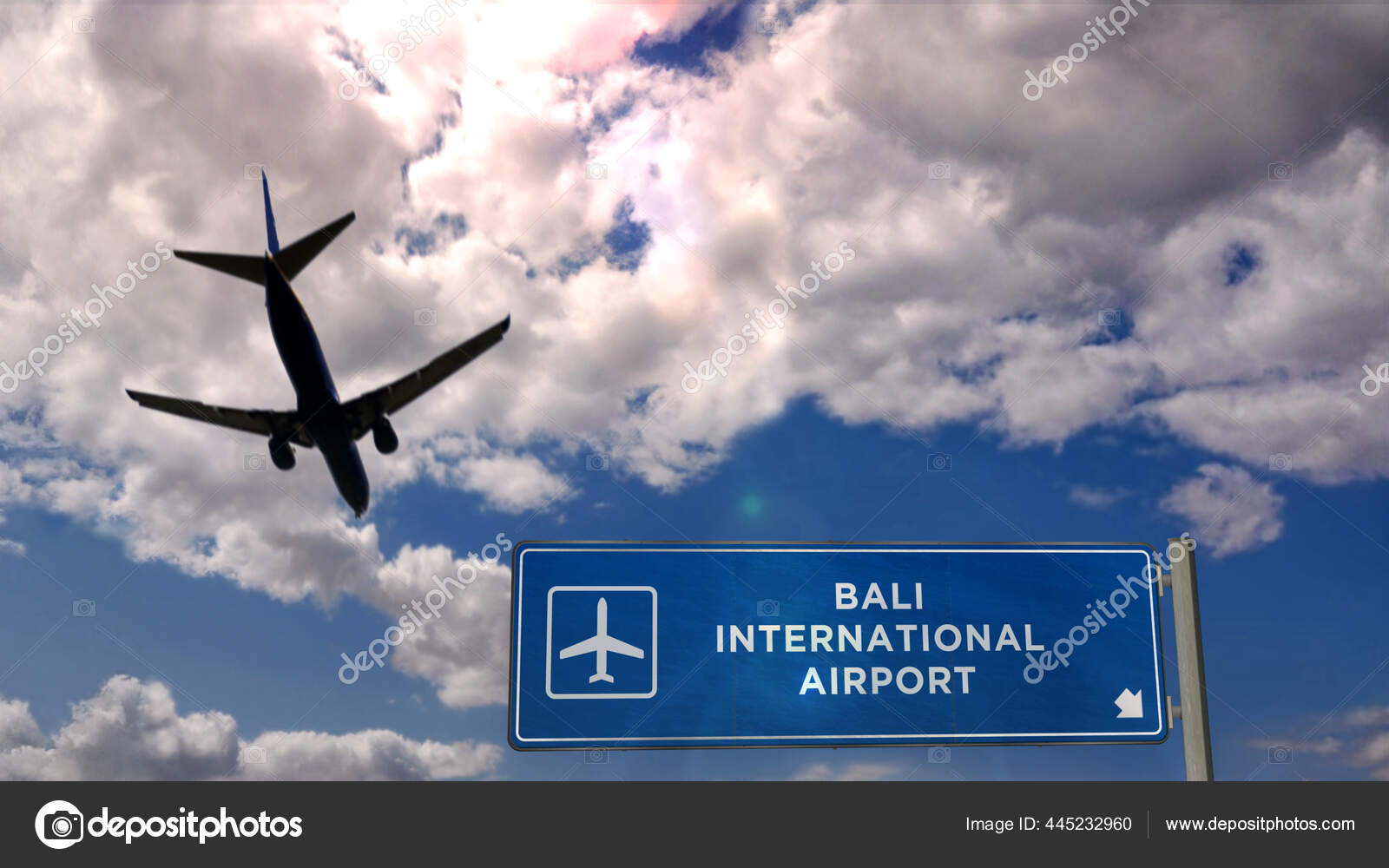 インドネシアのバリ島に飛行機のシルエット着陸 国際空港の方向看板と青空を背景に都市到着 交通の概念3dイラスト ストック写真 C Skorzewiak インドネシアのバリ島に飛行機のシルエット着陸 国際空港の方向看板と青空を背景に都市到着 交通の概念3dイラスト ストック写真 C Skorzewiak