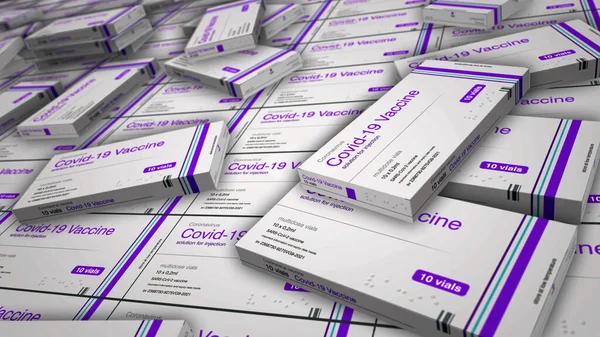 Covid-19 vaccine pack production. Coronavirus sars-cov-2 vaccination preparation, packaging and shipping. A box for syringes with doses. Abstract concept 3d rendering illustration.