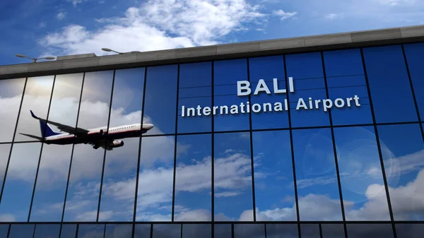 Aviões Jato Pousando Bali Indonésia Ilustração Renderização Chegada Cidade Com — Fotografia de Stock