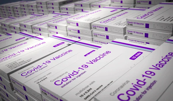 Covid-19 aşı üretimi. Coronavirus sars-cov-2 aşı hazırlığı, ambalaj ve nakliye. Şırıngaların olduğu bir kutu. Soyut konsept 3D resimleme.