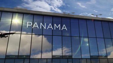 Panama 3D 'ye inen jet uçakları animasyon yapıyor. Cam havaalanı terminali ve uçağın yansıması ile şehre varış. Seyahat, iş, turizm ve ulaşım kavramı.