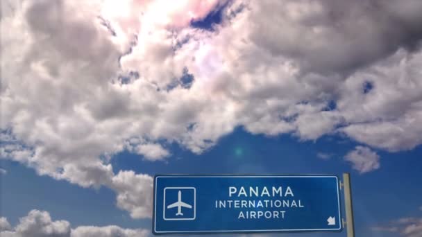 Samolot Odrzutowy Ląduje Panamie Przyjazd Miasta Znakiem Kierunku Lotniska Koncepcja — Wideo stockowe