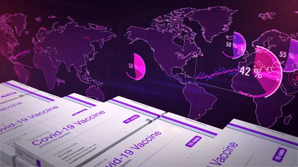 Covid-19 vaccine production statistics. Covid Sars-cov-2 vaccination stats, chart and graph. Coronavirus global pandemic progress concept background. Abstract 3d rendering illustration.