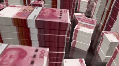 Renminbi Çin Yuan 'ı para paketleri döngüsü. Soyut iş dünyası, ekonomik kriz ve ekonomik büyüme kavramı. RMB banknotları üzerinde 3B uçuş kuleleri dizer döngüsüz canlandırma.