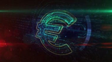 Euro sembolü. Parlak para birimi işareti. Avrupa 'da para, kriz, finans, borç ve ekonomi kavramı. Gelecekçi soyut 3D canlandırma canlandırması.