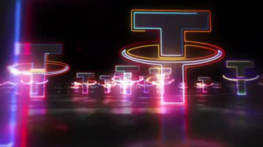 Bağlı stabil madeni para sembolü, ana para kripto para birimi işi, USDT neon döngü kavramı. İşaretler arasında uçmak. Gelecekçi uzay soyut 3d biçimlendirilebilir döngüsüz dikişsiz canlandırma.