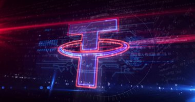 Bağlı ahır madeni para sembolü, USDT, ana para şifreli para birimi işi, siber para güvenliği ikonu. Fütürist soyut kavram 3D resimleme.