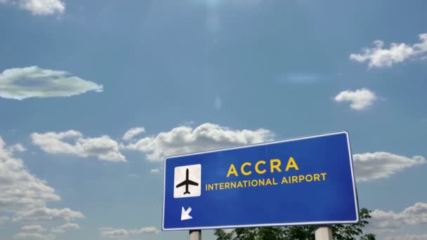 ガーナのアクラへのジェット飛行機の着陸 空港の方向標識付きの都市到着 ビジネス 交通の概念 3Dレンダリングアニメーション — ストック動画